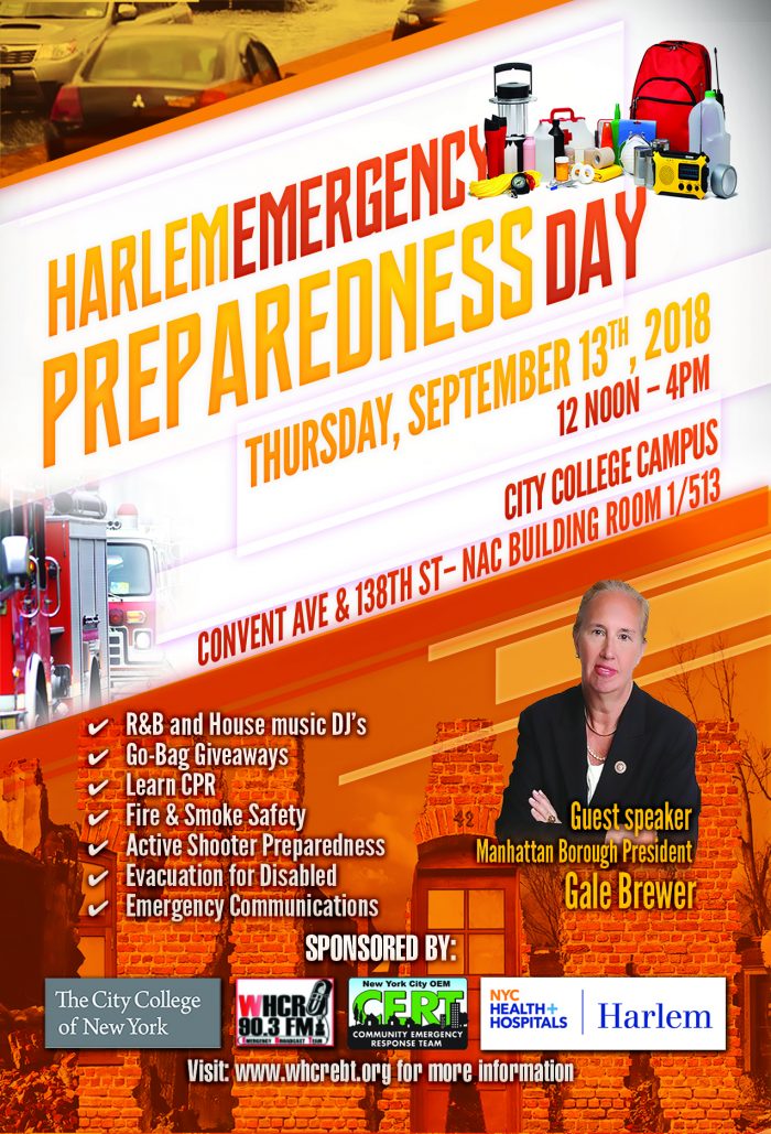 Poster promoting Harlem Emergency Preparedness Day event Thursday, Sept 13th, from Noon-4pm.
